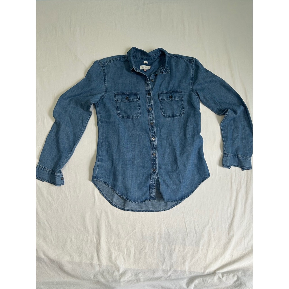 Loft Softened Shirt Womens Small Blue Denim Lyocell Linen Long Sleeve - Picture 3 of 9